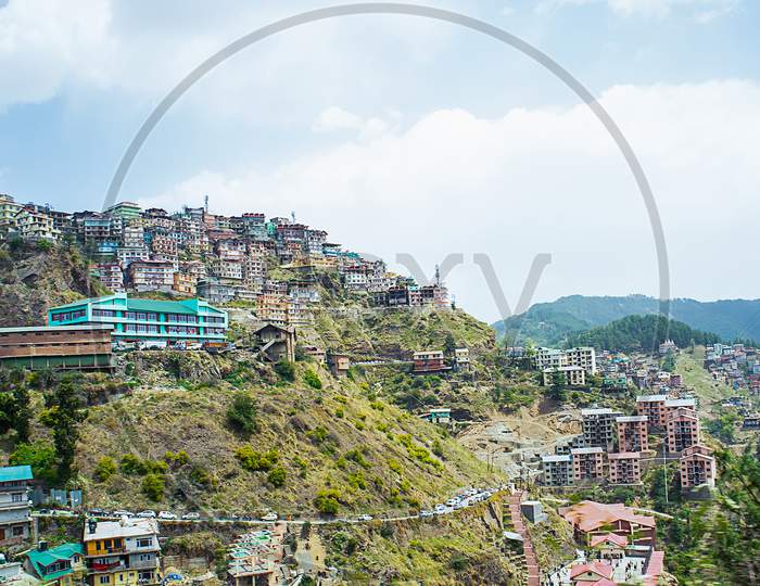 Aerial View Of Residential Neighborhood Built On A Hill On A Sunny Day, Shimla, Himachal Pradesh, India