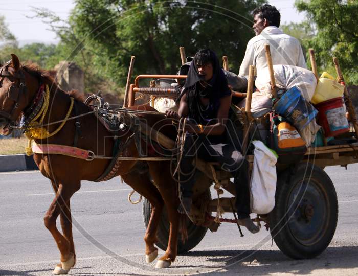 Migrants Travel On a Horse Cart During Extended Nationwide Lockdown Amidst Coronavirus or COVID-19 Pandemic  In Ajmer On May 19, 2020