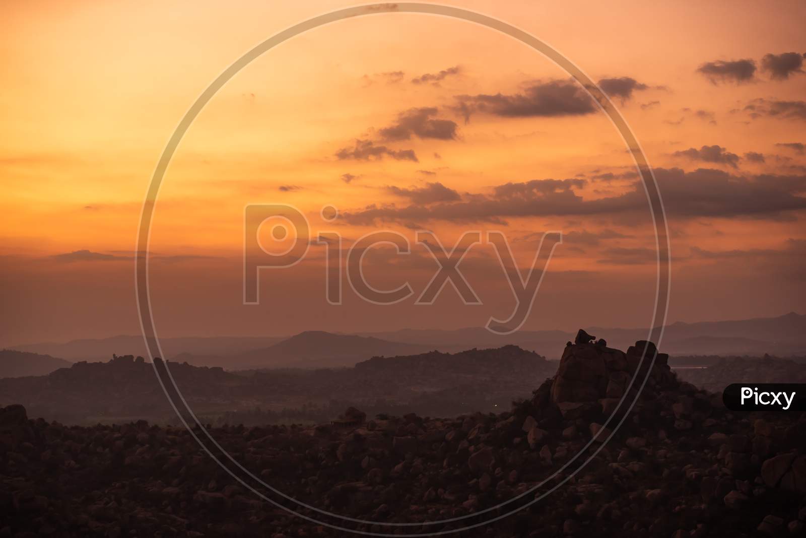Mountains with Orange Sky in Hampi