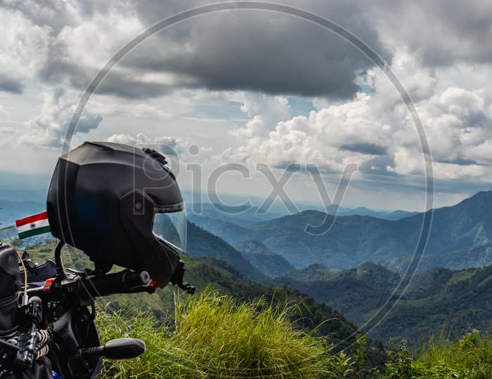 Biker Love Of The Nature With Hill Range View