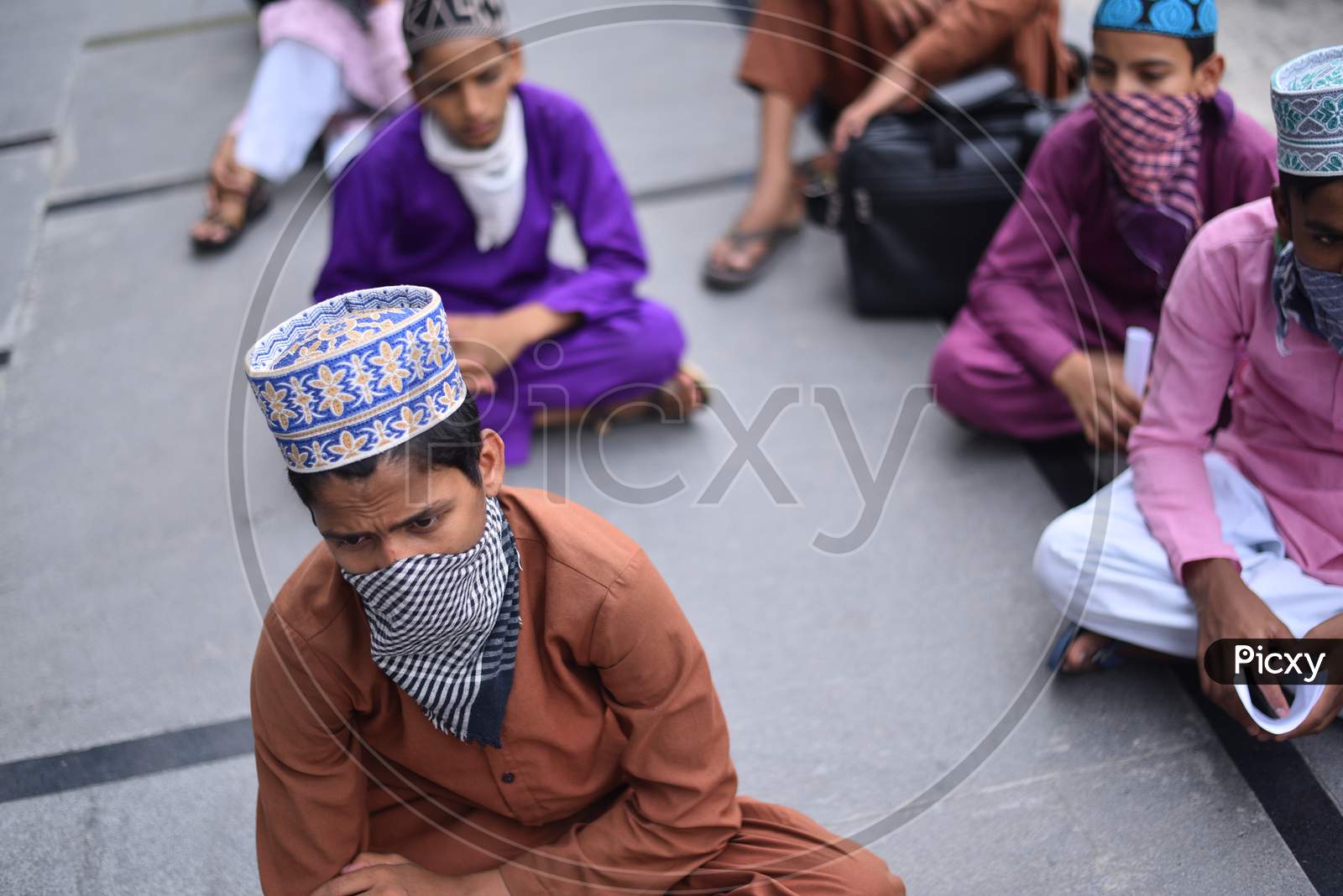 Muslim students from Bihar who study in a Madrassa (Madarsa) in Borabanda, Hyderabad wait for registering with Police to board a Sharamik Special Train from Secunderabad. Kukatpally Y Junction, Hyderabad, May 19,2020.