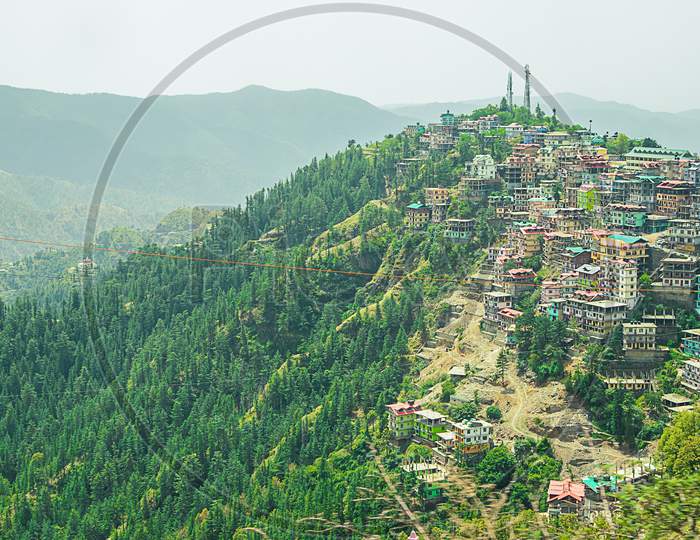 Aerial View Of Residential Neighborhood Built On A Hill On A Sunny Day, Shimla, Himachal Pradesh, India