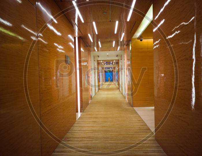 Long Beautiful Wooden Corridor With Carpeted Floor