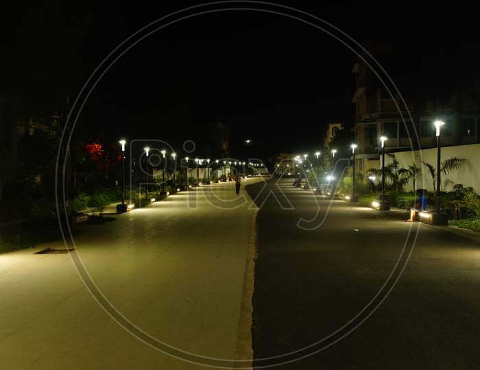 Night view of a walking track made above a sewage tunnel by Jabalpur Smart City Project