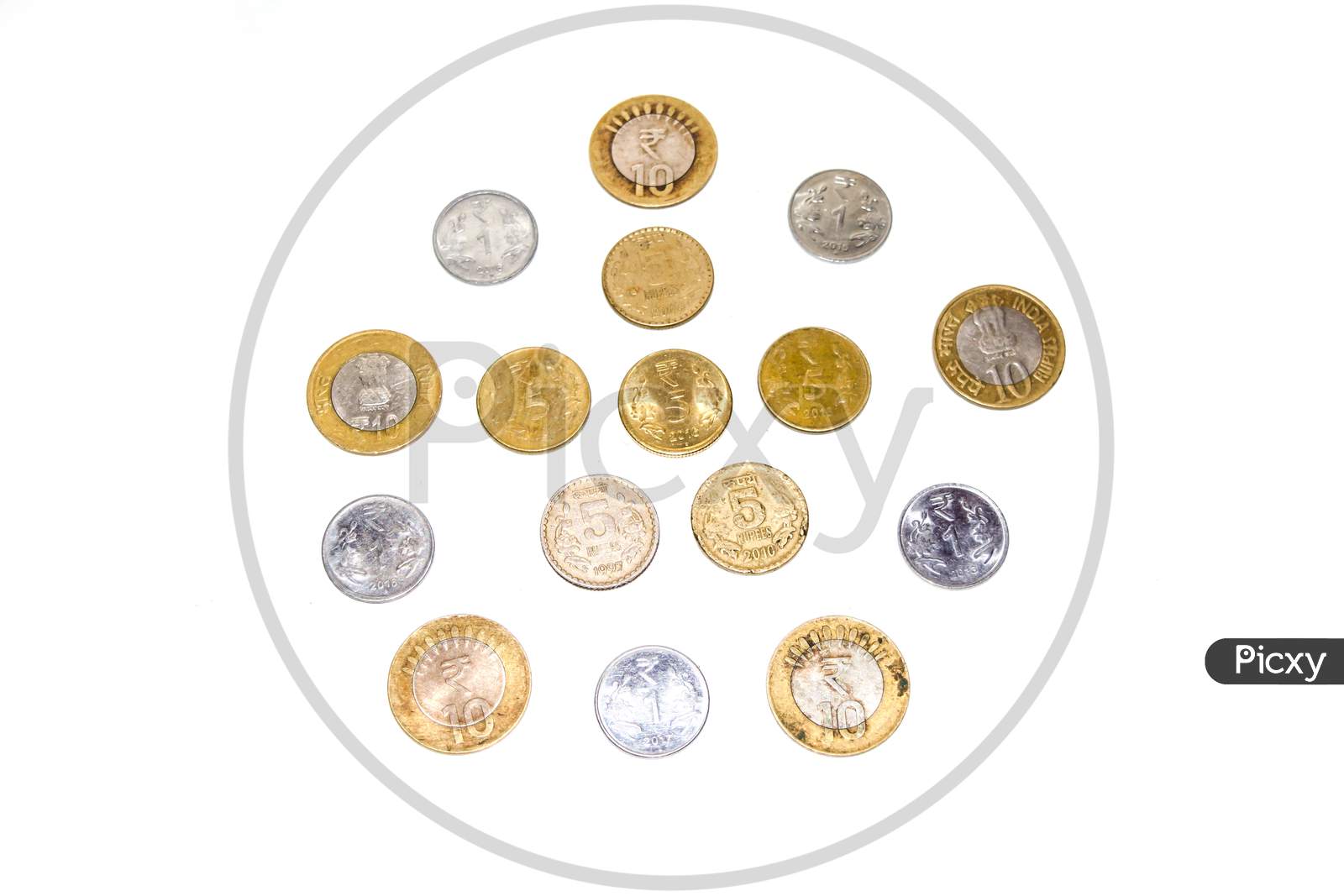 Indian circulating coins collection on isolate white background.