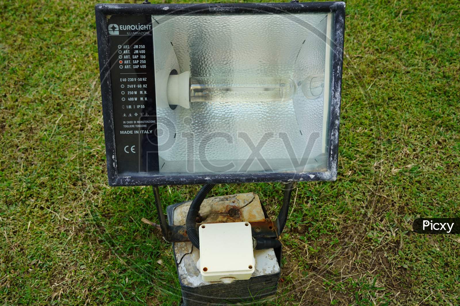 Dubai Uae - November 2019: Close Up Outdoor Led Lamp On The Yard. Large Outdoor Light For Building Coloring. Led Flood Light, Spot Light Which Lights Up A Building. Electrical Light In The Night.