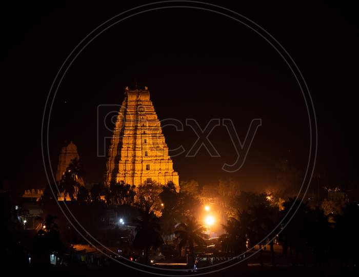 Night View Of Virupaksha Temple From Matanga Hill , Hampi
