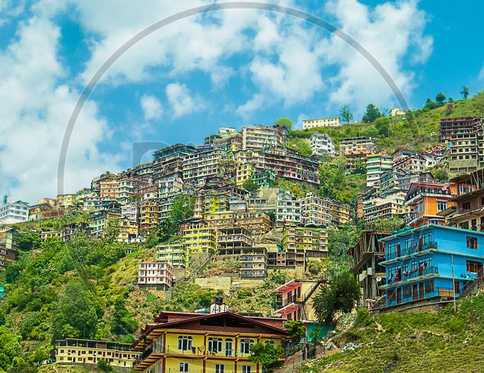 View Of Residential Neighborhood Built On A Hill On A Sunny Day, Shimla, Himachal Pradesh, India