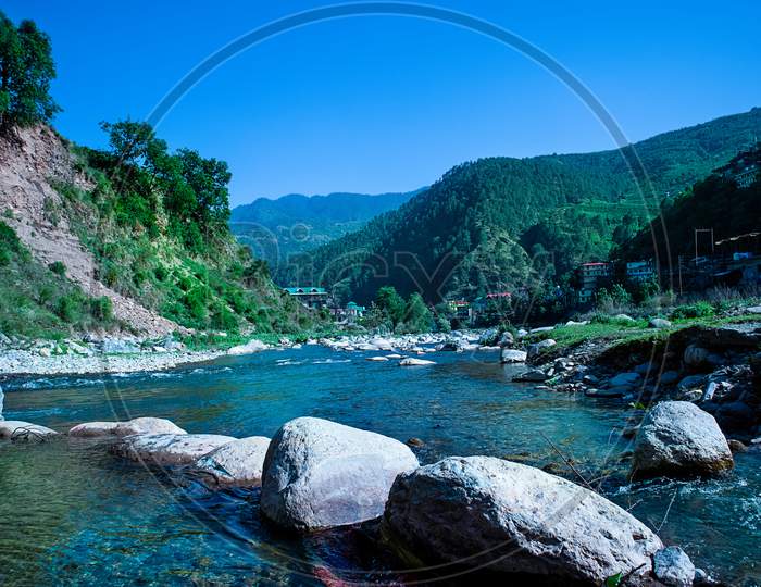 Mountain River Water Landscape. Wild River In Mountains. Mountain Wild River Water View, Beautiful Scenery