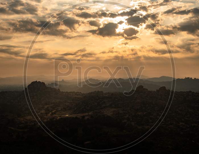 The landscape of beautiful Mountains of Hampi with Clouds