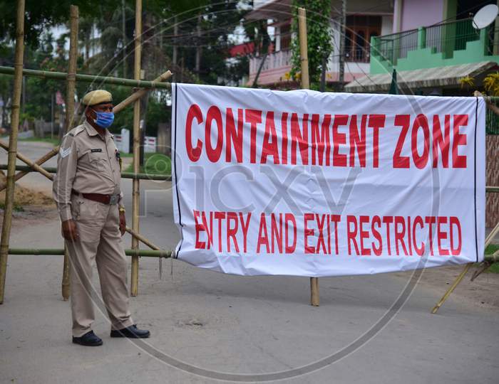 Security Personnel Stand Guard At Amolapatty Area  That Was Declared A Containment Zone  After Detection Of  Covid 19 Positive Case  During Coronavirus Or COVID-19 Pandemic in Nagaon , May 20 2020