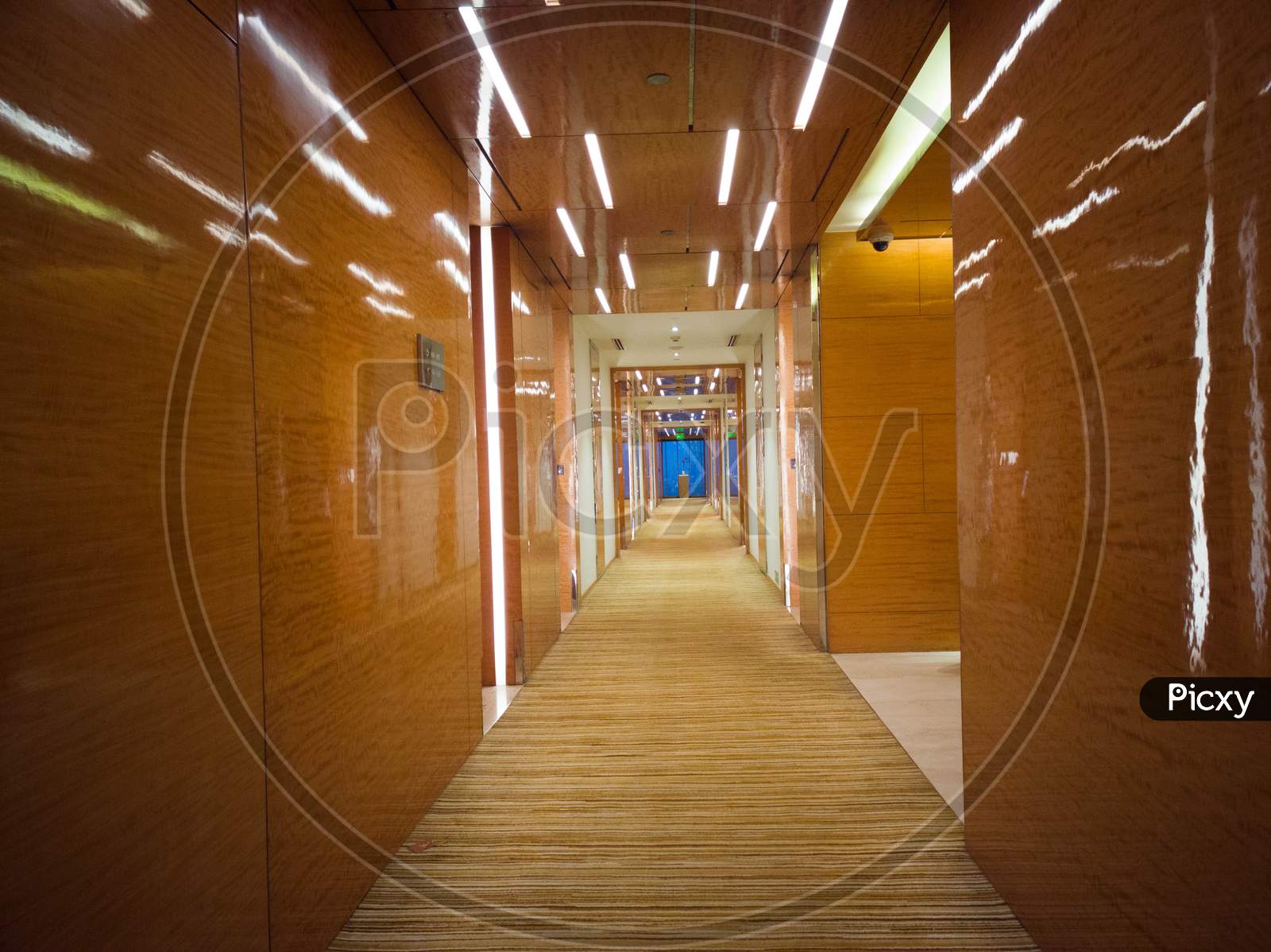 Long Beautiful Wooden Corridor With Carpeted Floor