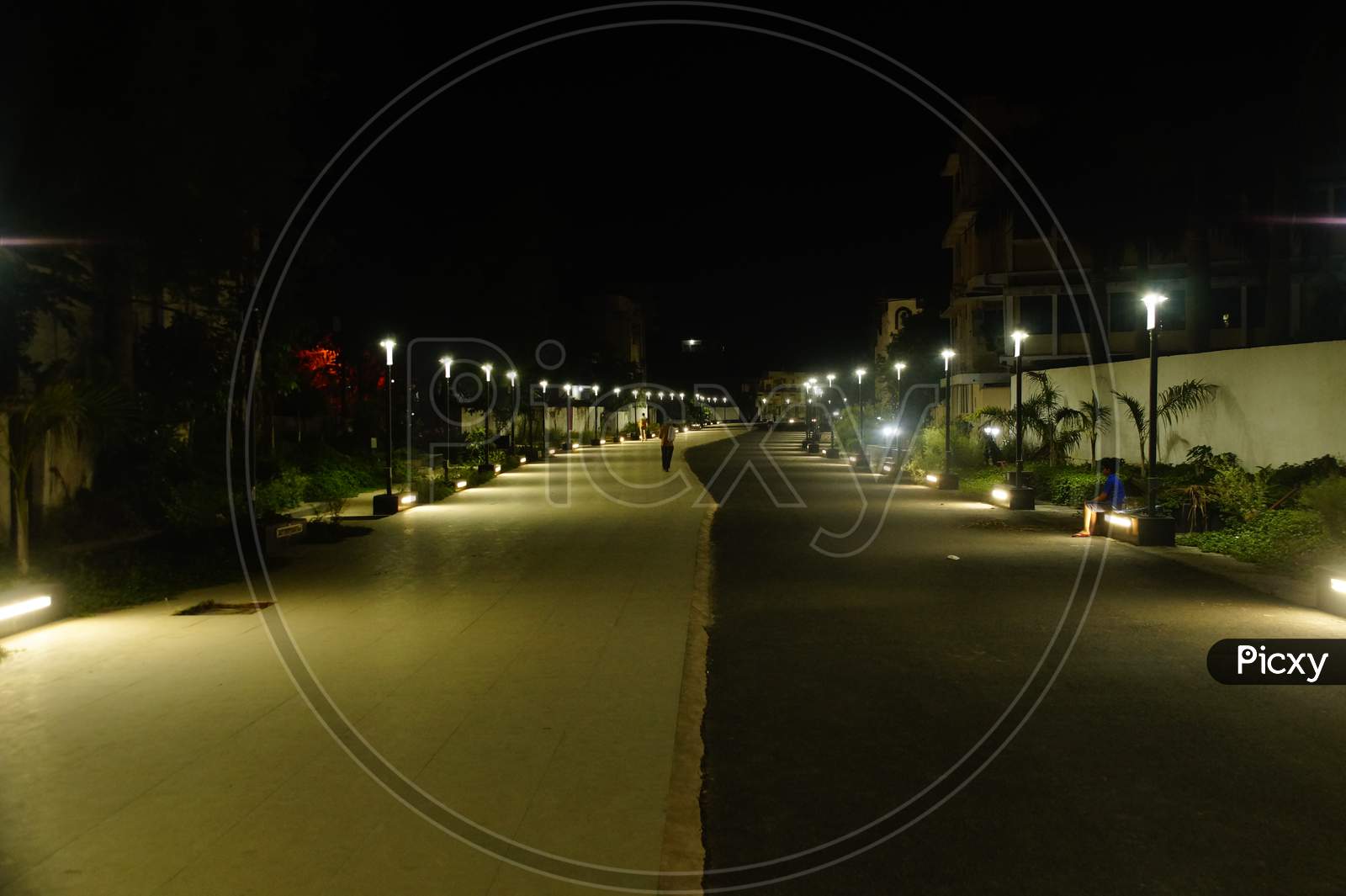 Night view of a walking track made above a sewage tunnel by Jabalpur Smart City Project
