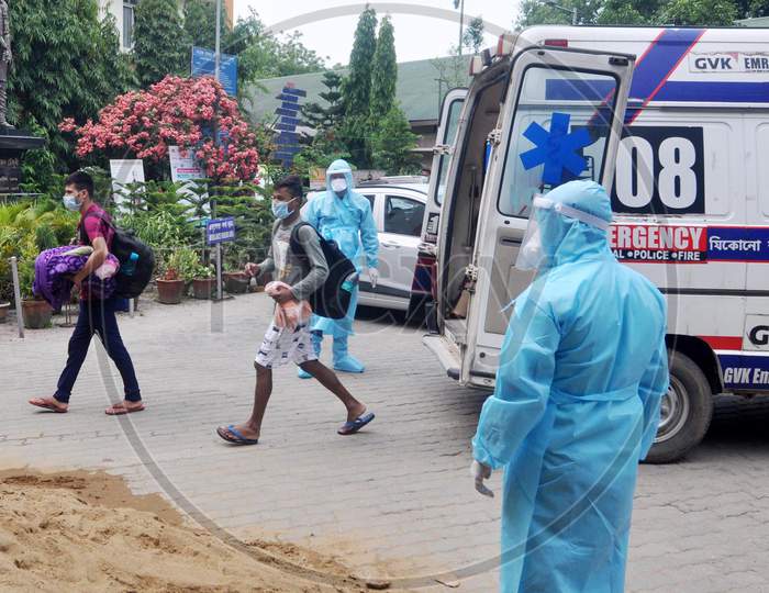 Coronavirus Positive Patients Being Brought In An Ambulance At Mmch Hospital, During The Ongoing Covid-19 Nationwide Lockdown, In Guwahati, Tuesday, May 19, 2020.