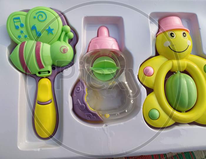 Close up view of children toys in different background.