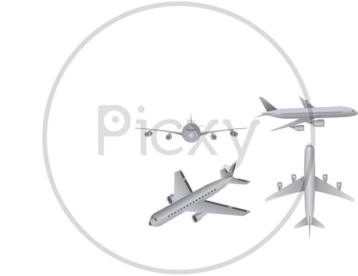 vector of airplane from different angle, isolated on white background.