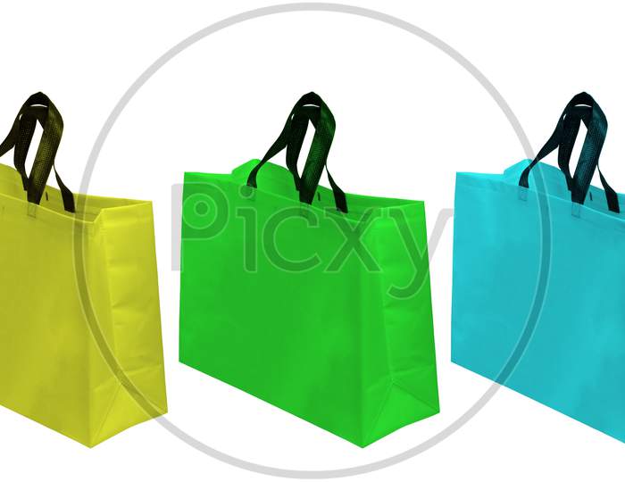 Set colorful Fabric shopping bags. Studio shot isolated on white background. ECO Friendly Bags. Non Woven Bags