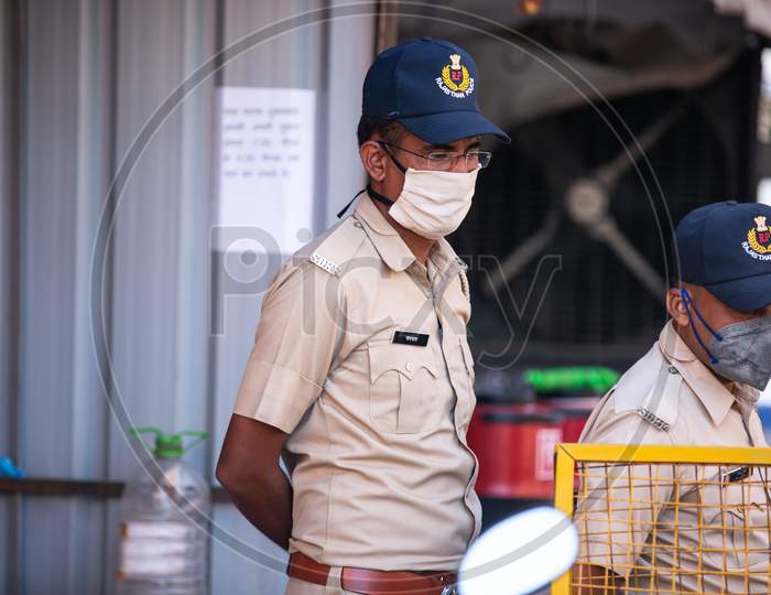 Jodhpur, Rajasthan, India - May 20 2020: Police And Security Wearing Mask N The Streets Of Covid-19 Containment Zone, Hotspot During Lockdown Restricted Area In India.