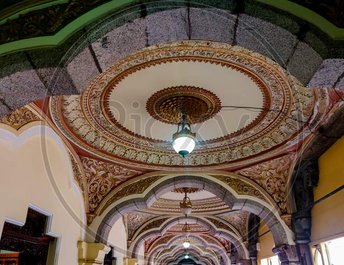 September 8, 2019- Mysore, India: Beautiful Ceilings Of Pathway Inside Mysore Royal Palace In Mysore, India.