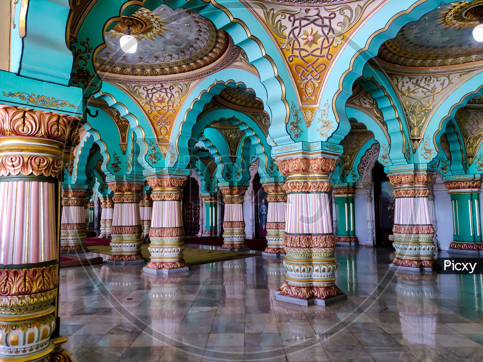 September 8, 2019- Mysore, India:Beautiful Decorated Interior Ceiling And Pillars Of The Durbar Or Audience Hall Inside The Royal Mysore Palace.