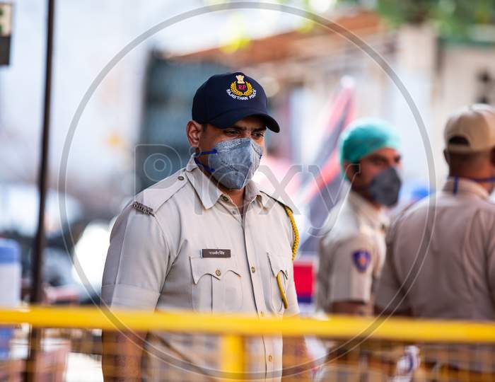 Jodhpur, Rajasthan, India - May 20 2020: Police And Security Wearing Mask N The Streets Of Covid-19 Containment Zone, Hotspot During Lockdown Restricted Area In India.
