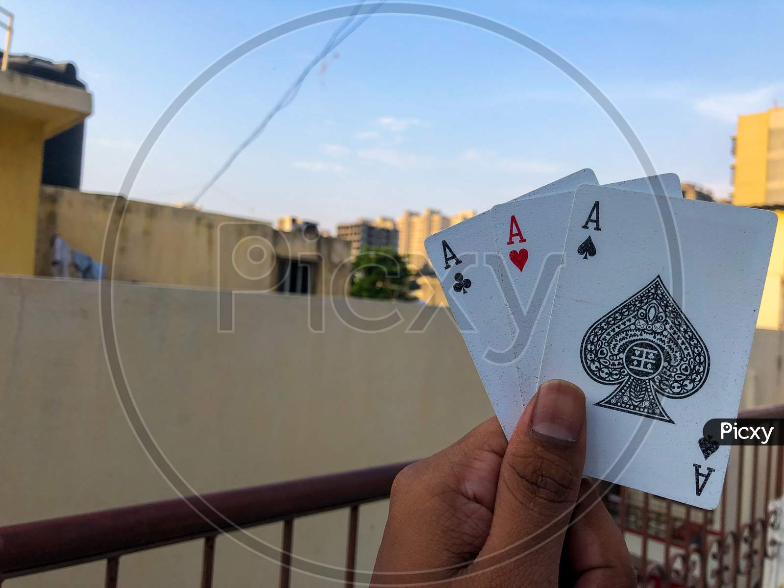 holding three cards in hand with good background