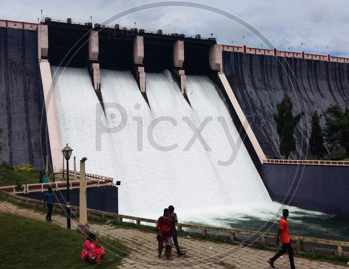 October 2, 2015- Kerala, India: A View Of Neyyar Dam With Its Shutter Open In Trivandrum, Kerala, India. The Water Is Flowing At A High Force From The Open Shutter.