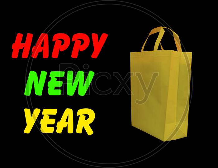 happy new year with yellow color shopping bag
