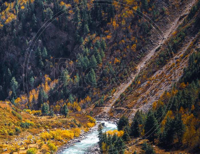 Beautiful Baspa river flowing through Chitkul village, Himachal, India
