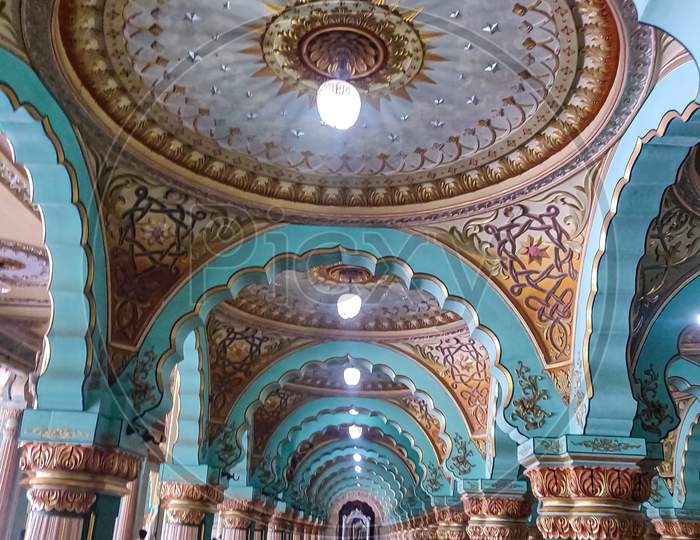 September 8, 2019- Mysore, India:Colorful Ornate Interior Halls Of Royal Mysore Palace, Karnataka, India