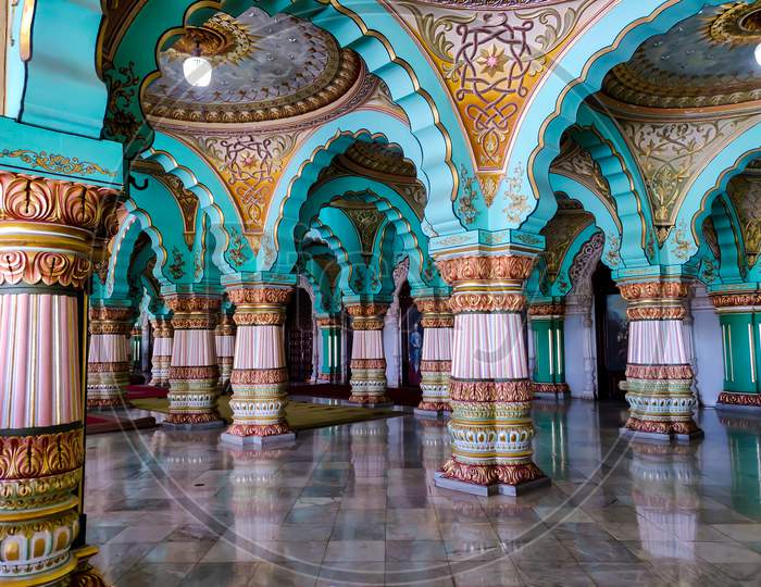 September 8, 2019- Mysore, India:Beautiful Decorated Interior Ceiling And Pillars Of The Durbar Or Audience Hall Inside The Royal Mysore Palace.
