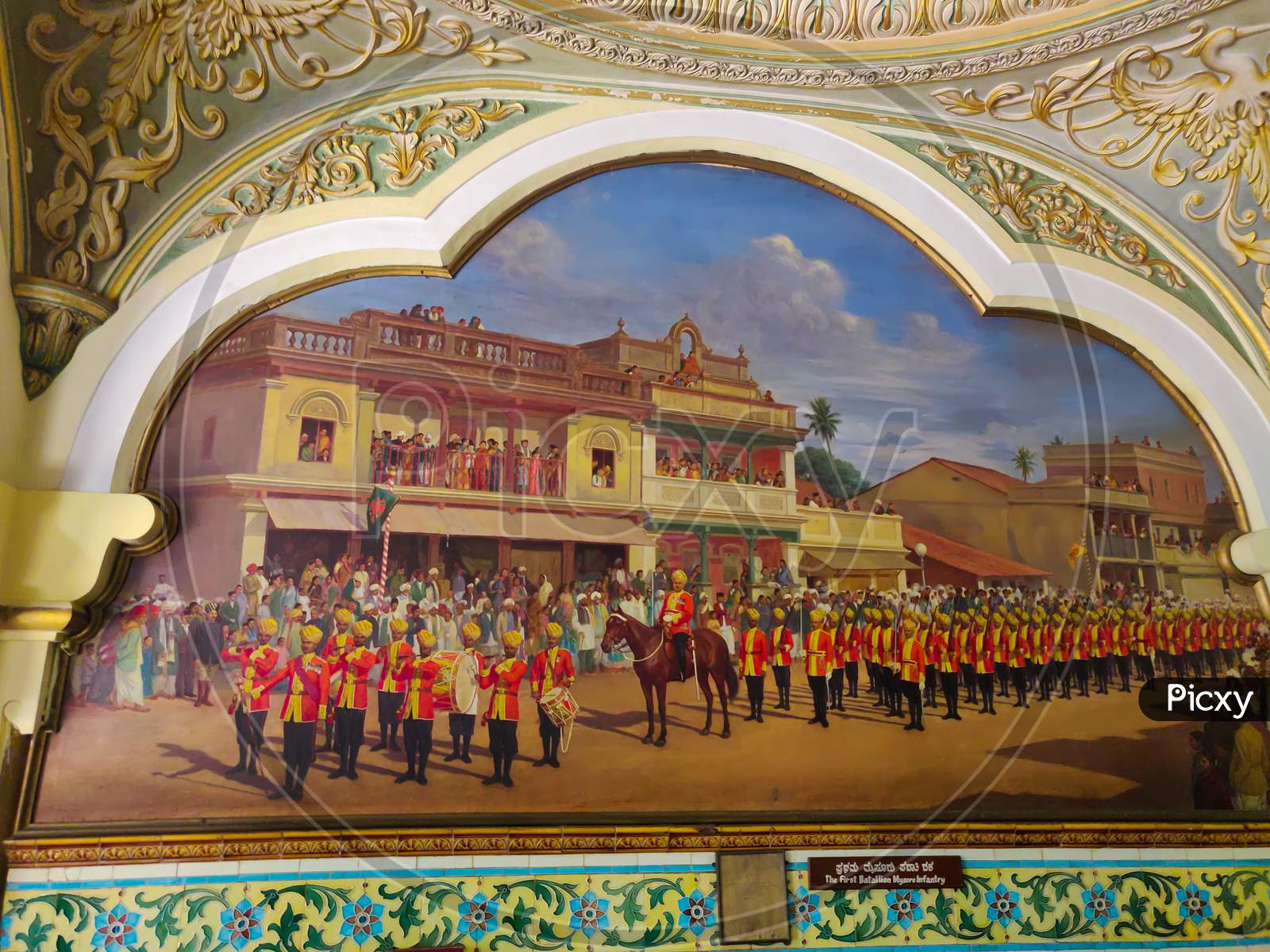 September 8, 2019- Mysore, India: A Painting Of Soldiers On The Walls Of Mysore Royal Palace In Mysore, India