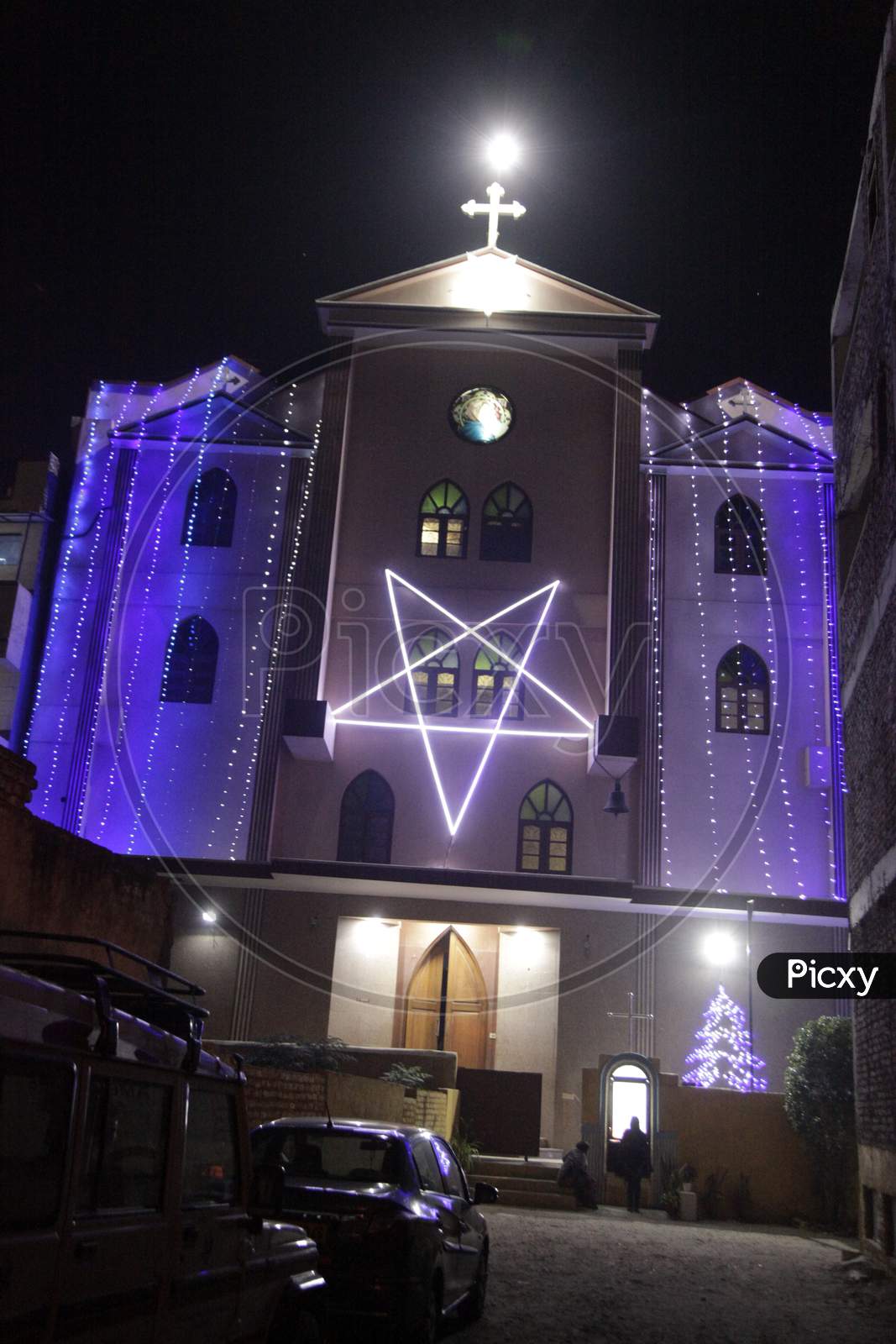 A Chruch lightened up during Christmas