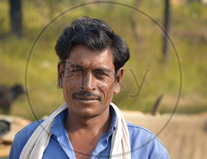 TIKAMGARH, MADHYA PRADESH, INDIA - NOVEMBER 15, 2019: Portrait of unidentified Indian man at their village, Tikamgarh, Madhya pradesh, India