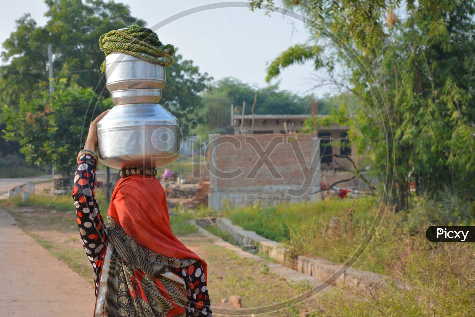 TIKAMGARH, MADHYA PRADESH, INDIA - NOVEMBER 12, 2019: An unidentified indian village woman carrying water on her head in traditional pot from well, An Indian rural scene.