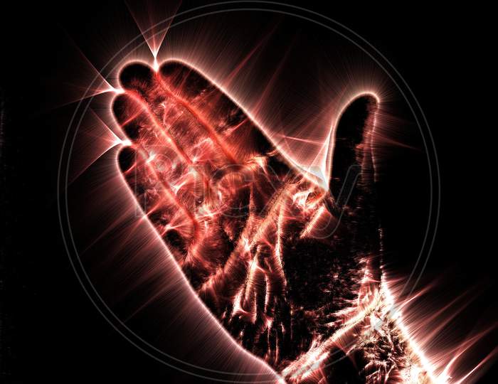 Kirlian aura photography of a glowing human male hand showing different symbols and show of hands