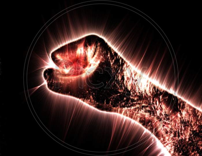 Kirlian aura photography of a glowing human male hand showing different symbols and show of hands