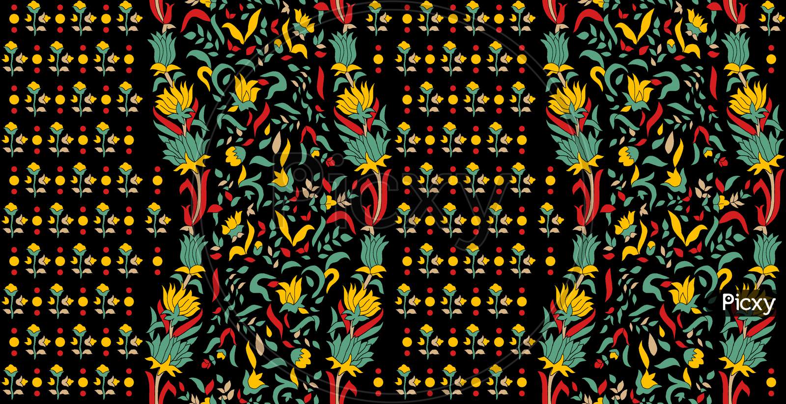 Seamless Colorful Floral Design Pattern With Black Background
