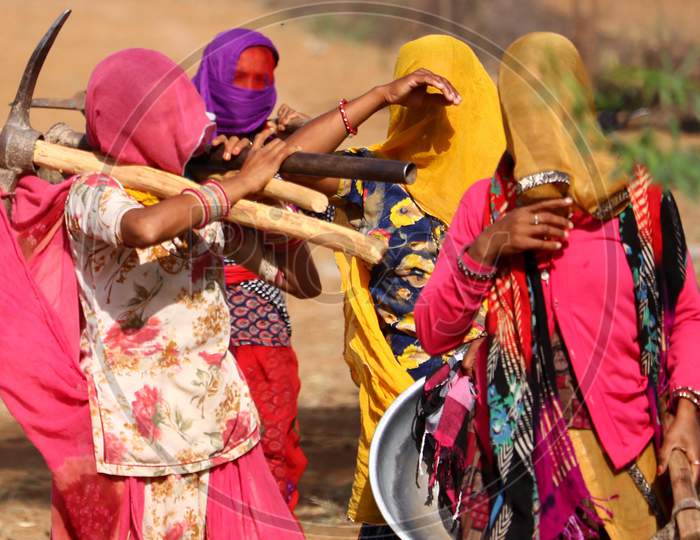 Labourers Going For Works Under The Mahatma Gandhi National Rural Employment Guarantee Act (Mgnrega) On A Outskirts Of Ajmer, Rajasthan, India On 19 May 2020.