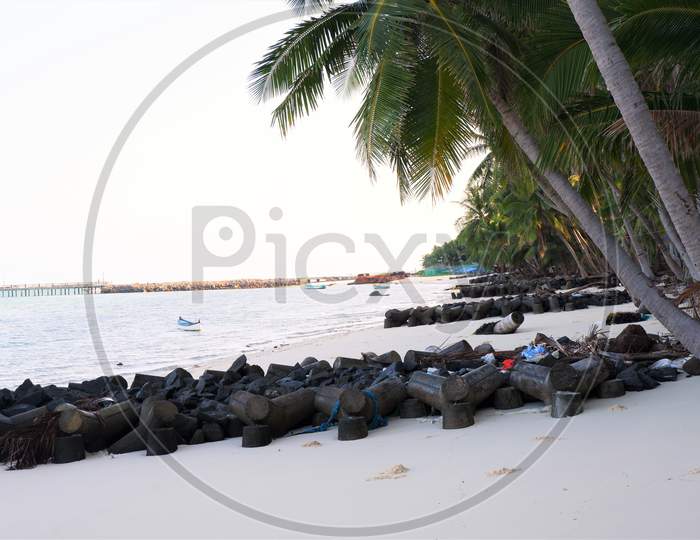 Beautiful  Lakshadweep island  beach ,coconut  trees hanging over a sandy white beach with blue sky