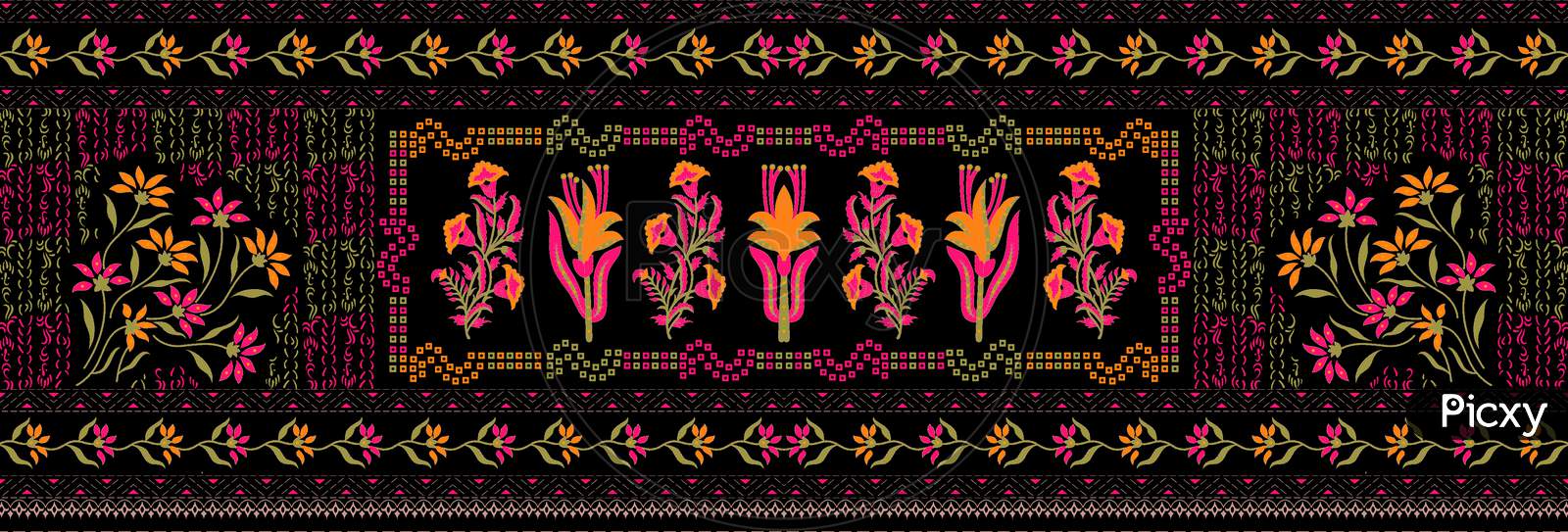 Colorful Flower Pattern Design With Black Background