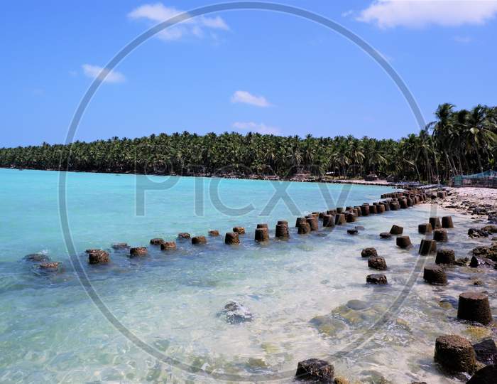 Beautiful  Lakshadweep island  beach ,coconut  trees hanging over a sandy white beach with blue sky