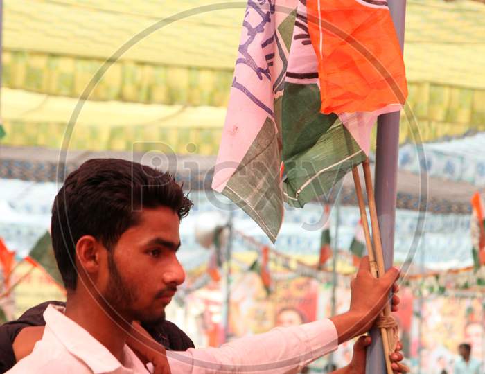 Portrait of a Congress Party Supporter with Flag