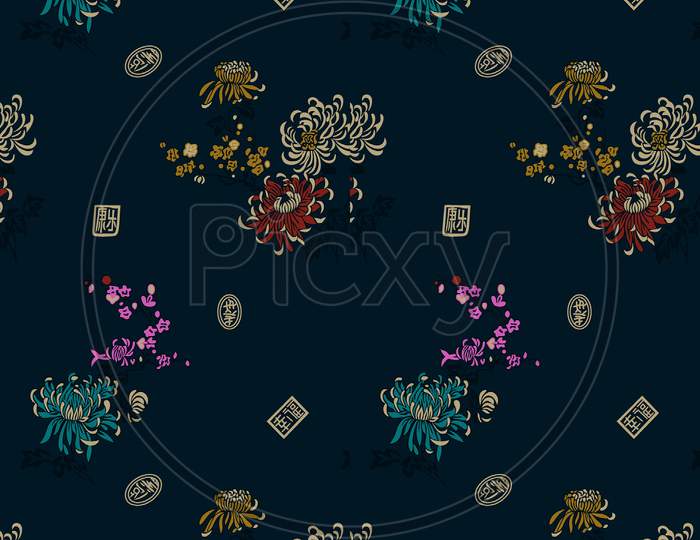 Seamless Beautiful Unique Flower Stripe Pattern With Blue Background