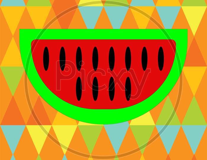 Watermelon On Seamless Triangle Geometric Pattern Vector. Concept Of Summer.