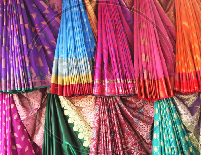 Selective Focus on Hanging Colourful Sarees