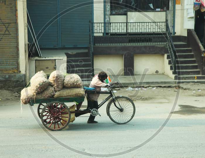 A Man with Rickshaw carrying onion Sacks