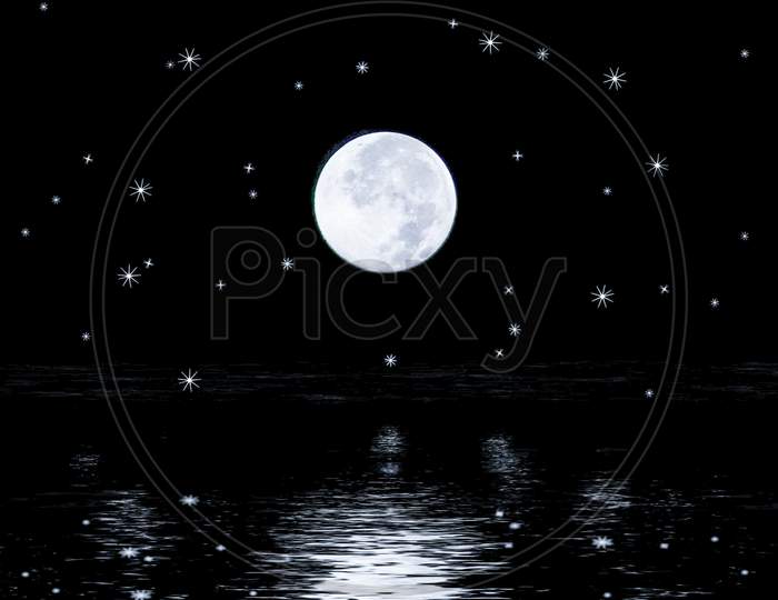 Moon view and water reflection, background stars