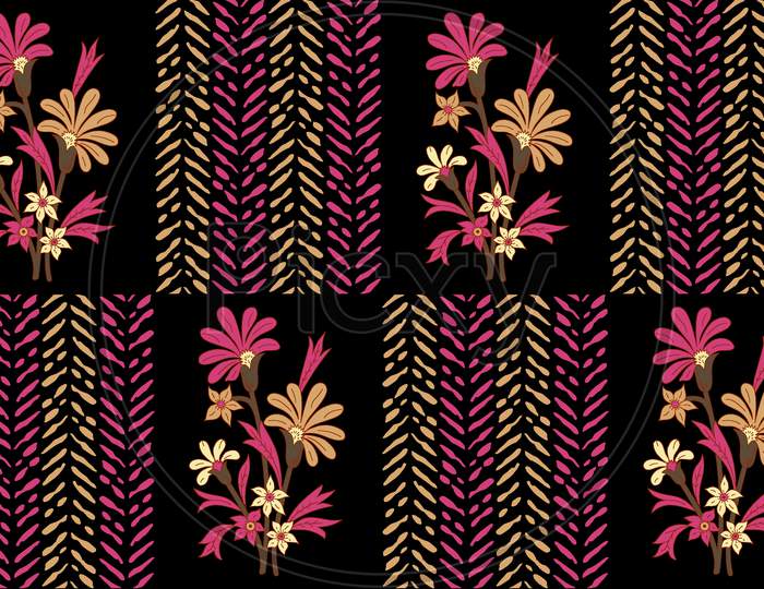 Seamless Mughal Flower Design Pattern With Black Background