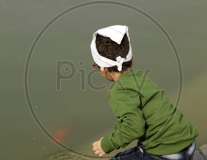 A kid feeding fishes in Golden Temple